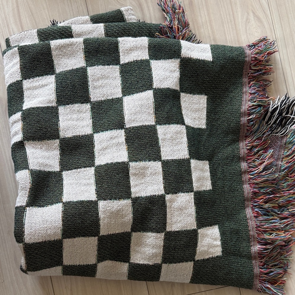 Checkered Green and White Throw Blanket